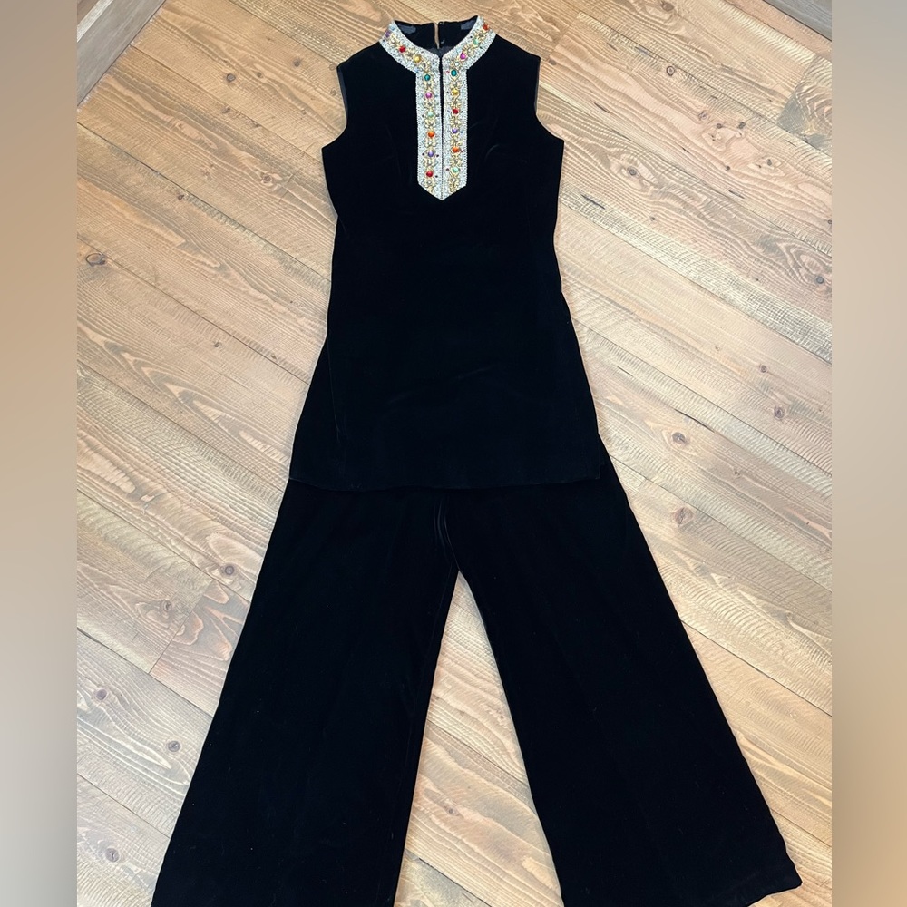 Custom made cotton velvet jeweled tunic top and palazzo pant set